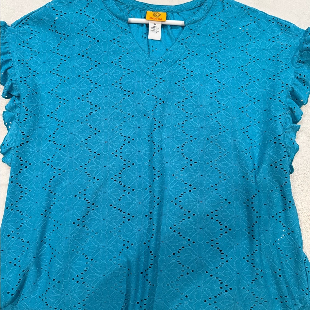 Ruby Rd. Turquoise Eyelet V-Neck Short Sleeve Top